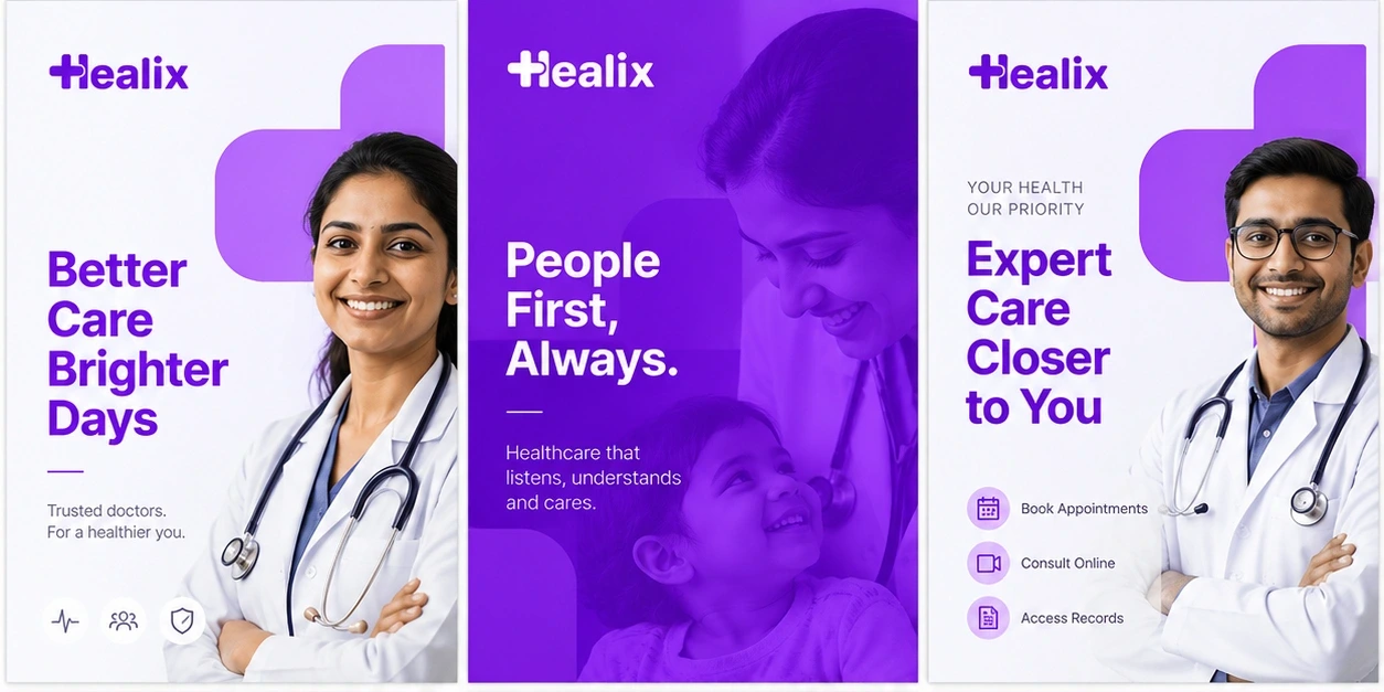 Three Healix social media posters in one row: Better Care Brighter Days, People First Always, and Expert Care Closer to You