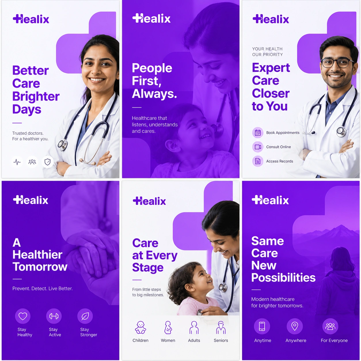 Six Healix social media posters in one grid: Better Care Brighter Days, People First Always, Expert Care Closer to You, A Healthier Tomorrow, Care at Every Stage, and Same Care New Possibilities