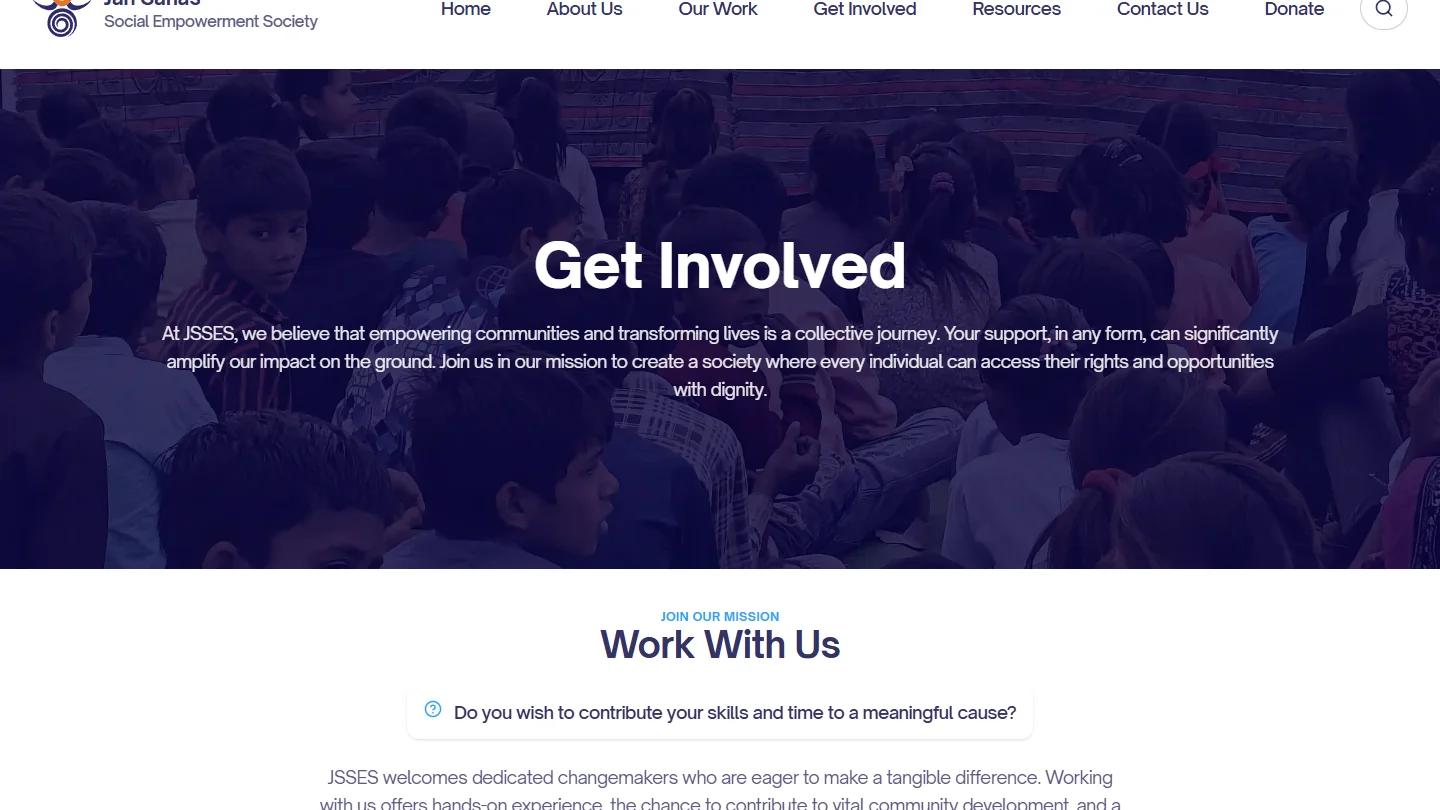 Get Involved page on the JSSES platform: donate, volunteer, and vacancies