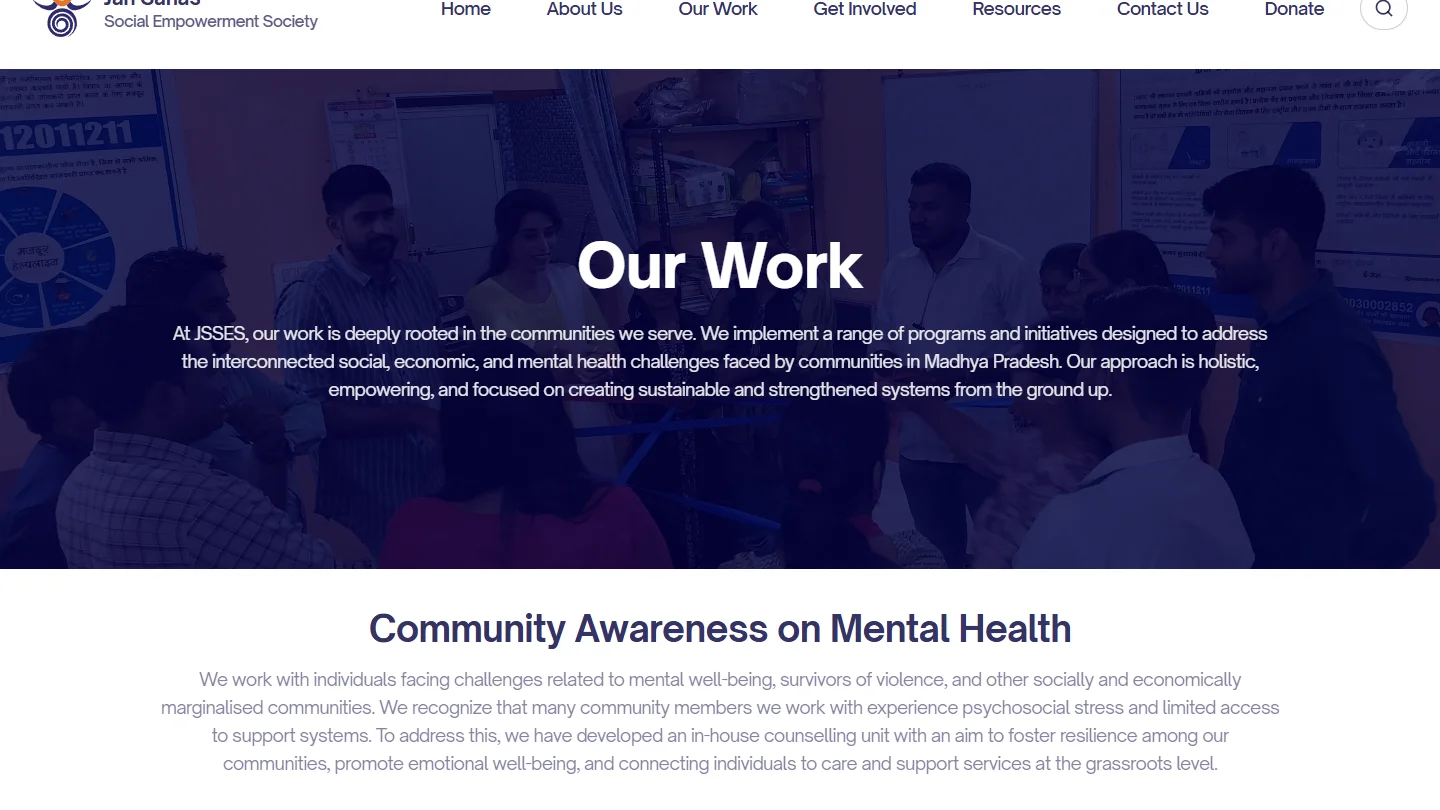 Our Work page on the JSSES platform: mental health, Usha Silai, and migrant resilience programs