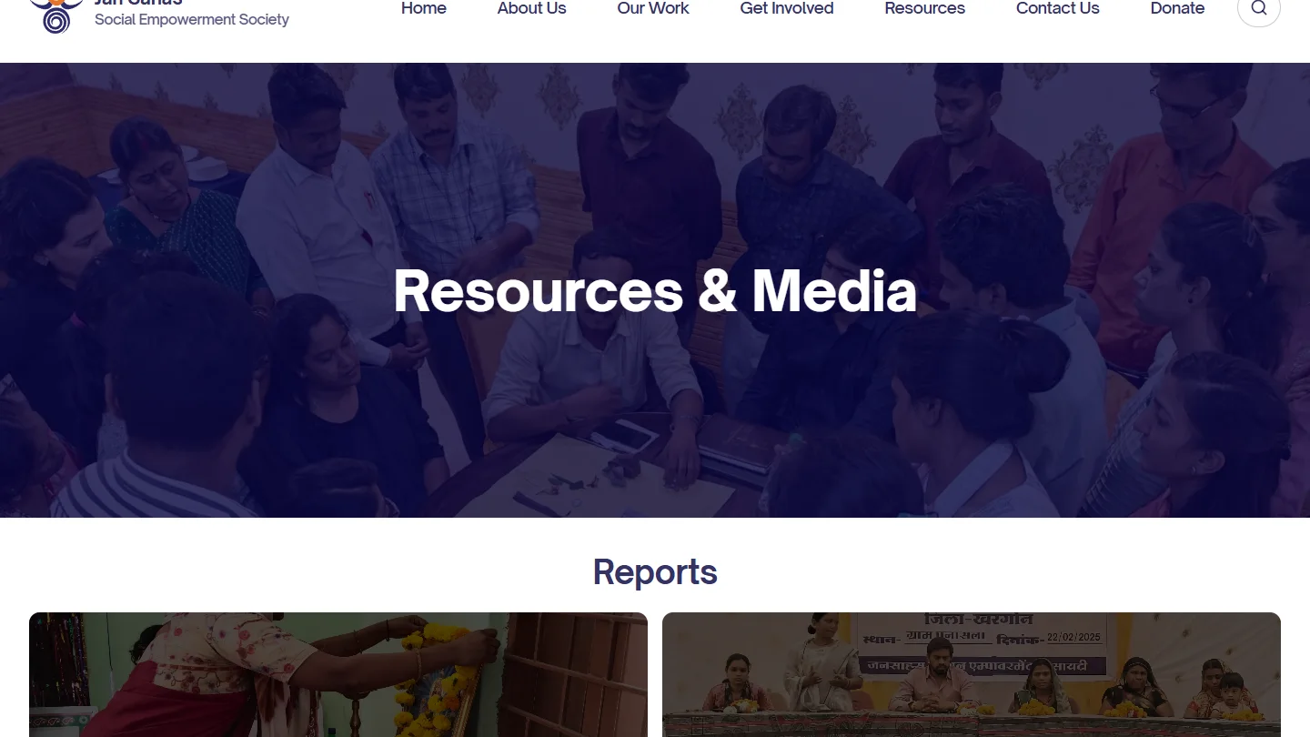 Resources & Media hub on the JSSES platform: annual reports, mental health resources, and photo galleries