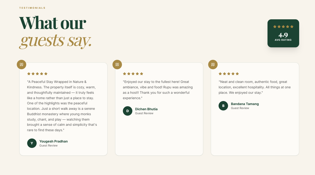 What our guests say testimonials section with 4.9 star rating