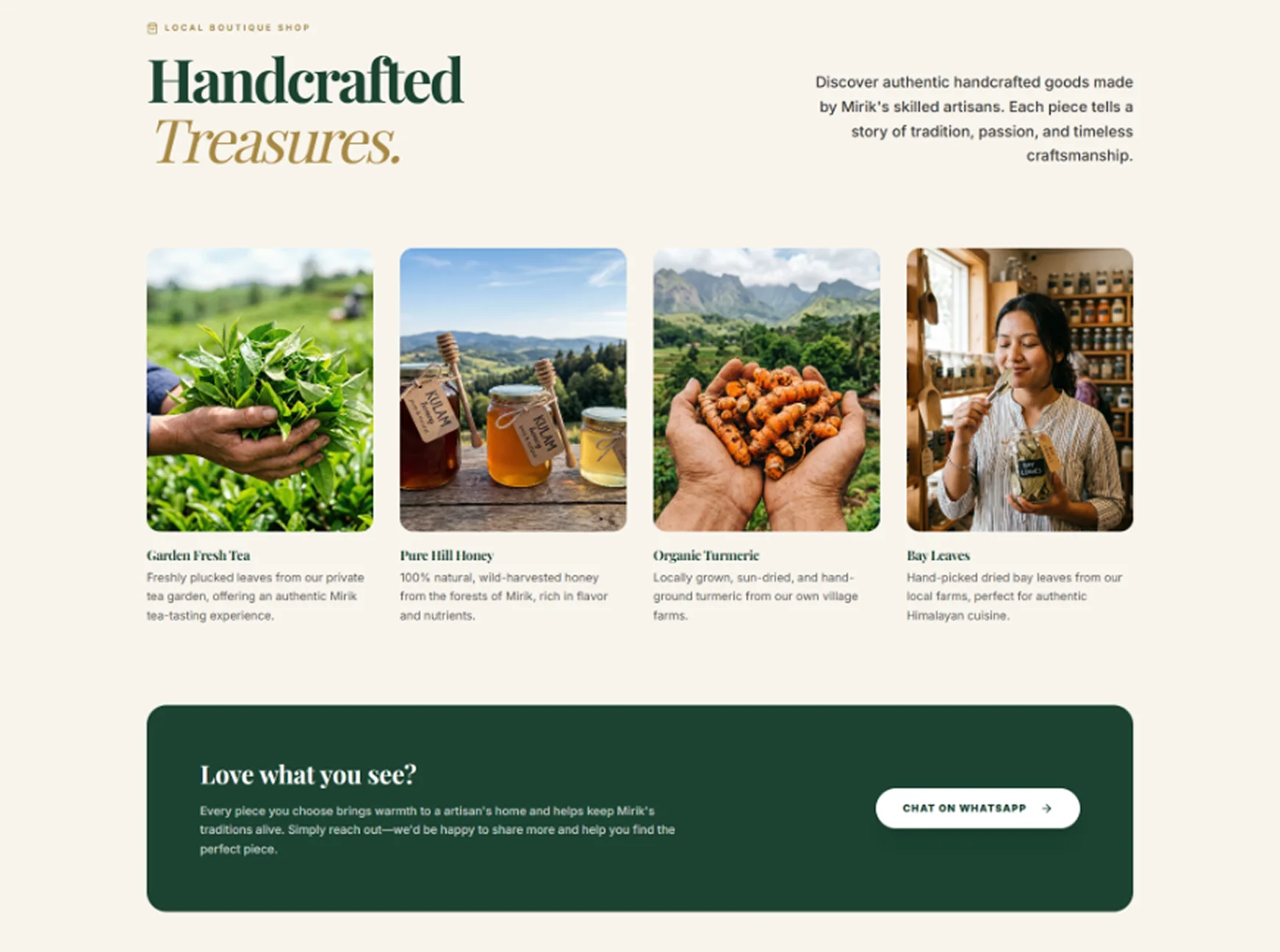 Handcrafted Treasures section featuring organic products and WhatsApp CTA banner
