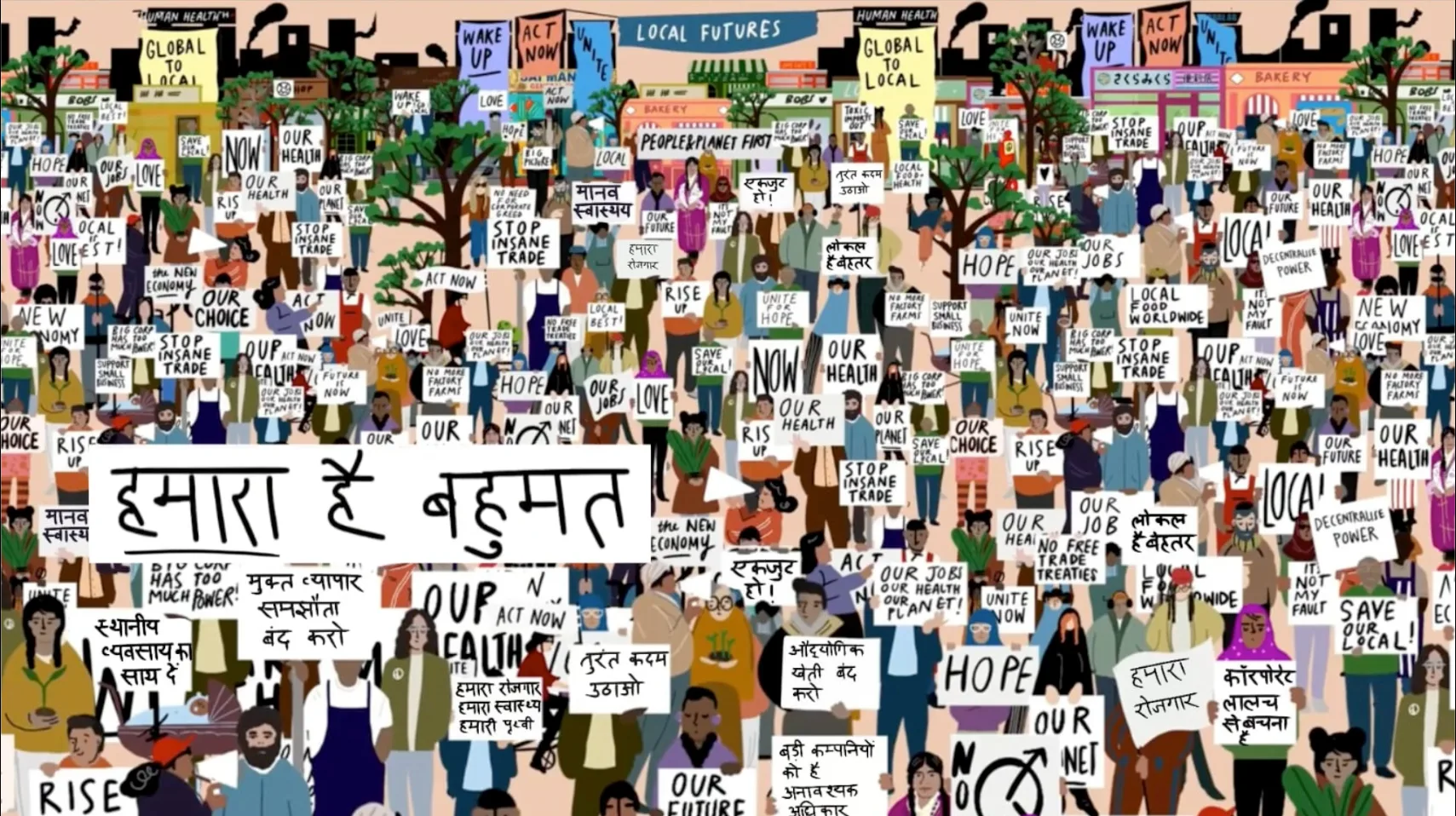 A crowd of protestors holding Hindi and English placards, with a hand-lettered Hindi banner reading 'हमारा है बहुमत' (the majority is ours)