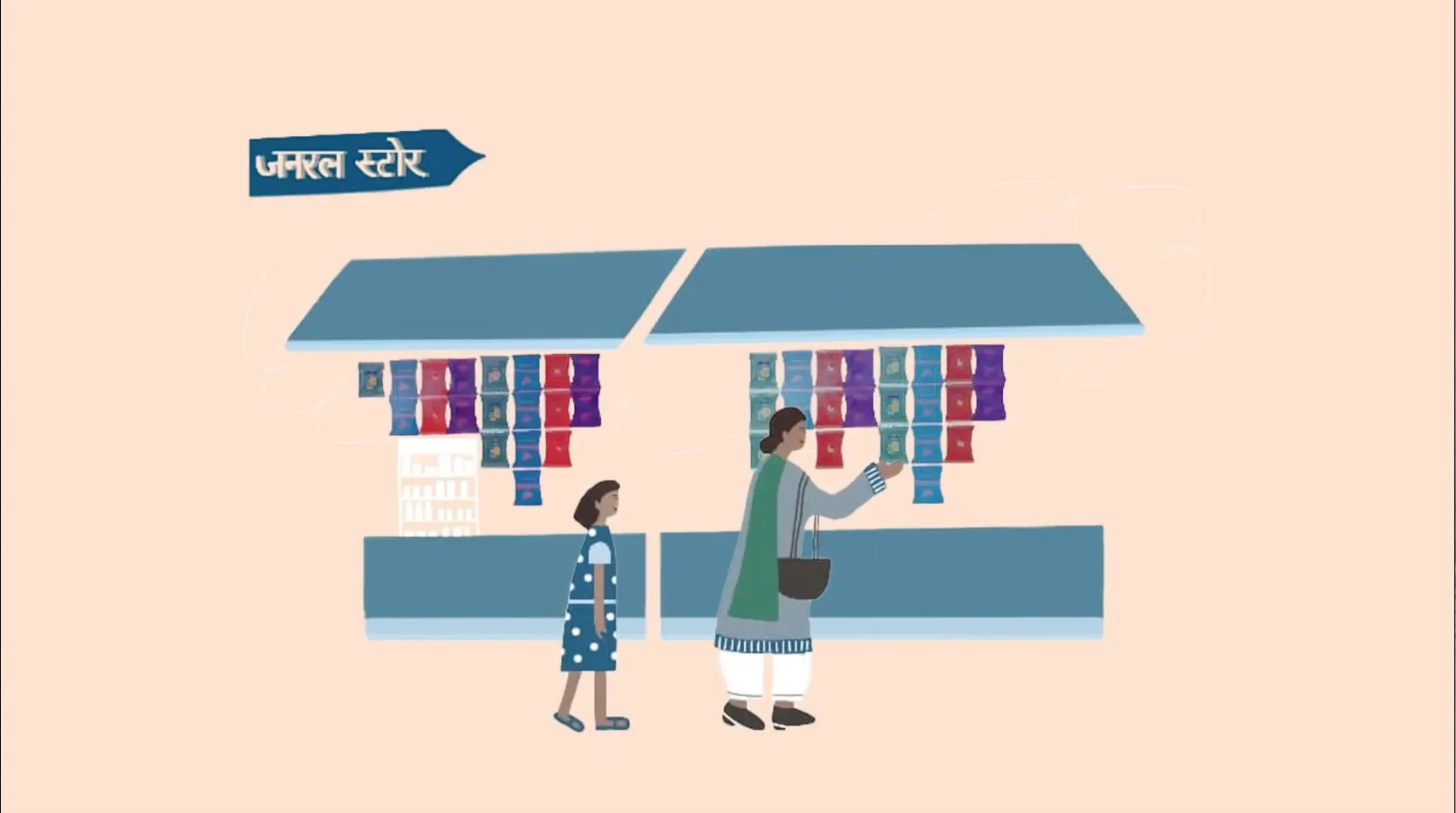 Hindi signage reading 'जनरल स्टोर' (General Store), with a mother and daughter shopping at the counter