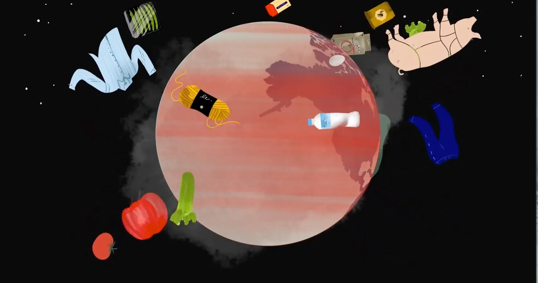 Illustrated globe surrounded by everyday goods, shirts, vegetables, a water bottle and a pig, representing the reach of global trade