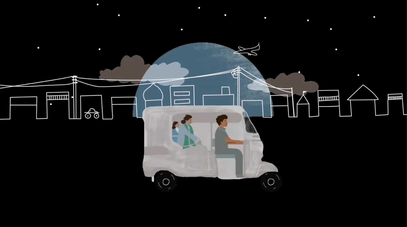 An auto-rickshaw carrying a family through a night-time city skyline, from the localized Trade Gone Mad documentary