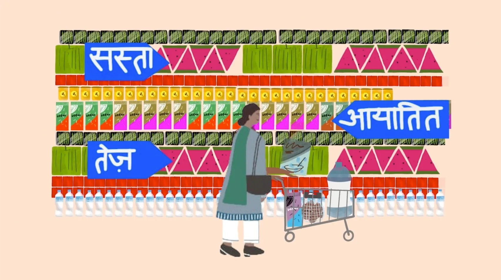 A supermarket aisle relabelled in Hindi with signage reading 'सस्ता' (cheap), 'तेज़' (fast) and 'आयातित' (imported)