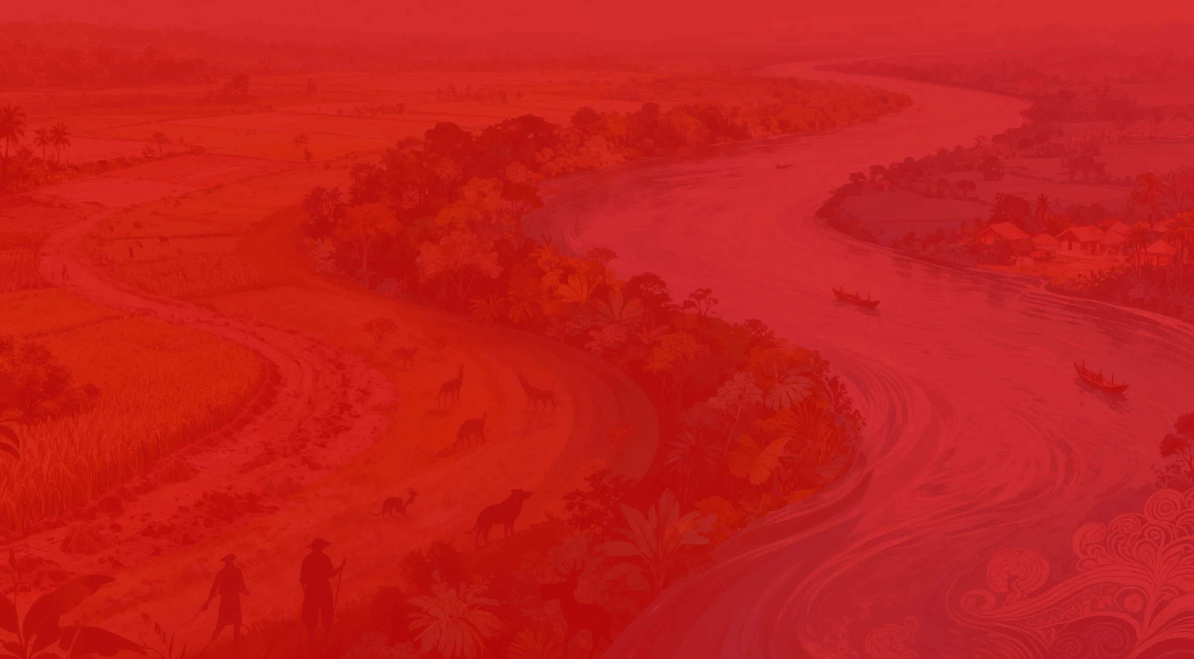Red-tinted illustrated landscape of the Brahmaputra river, surrounding farms, boats, wildlife and river communities