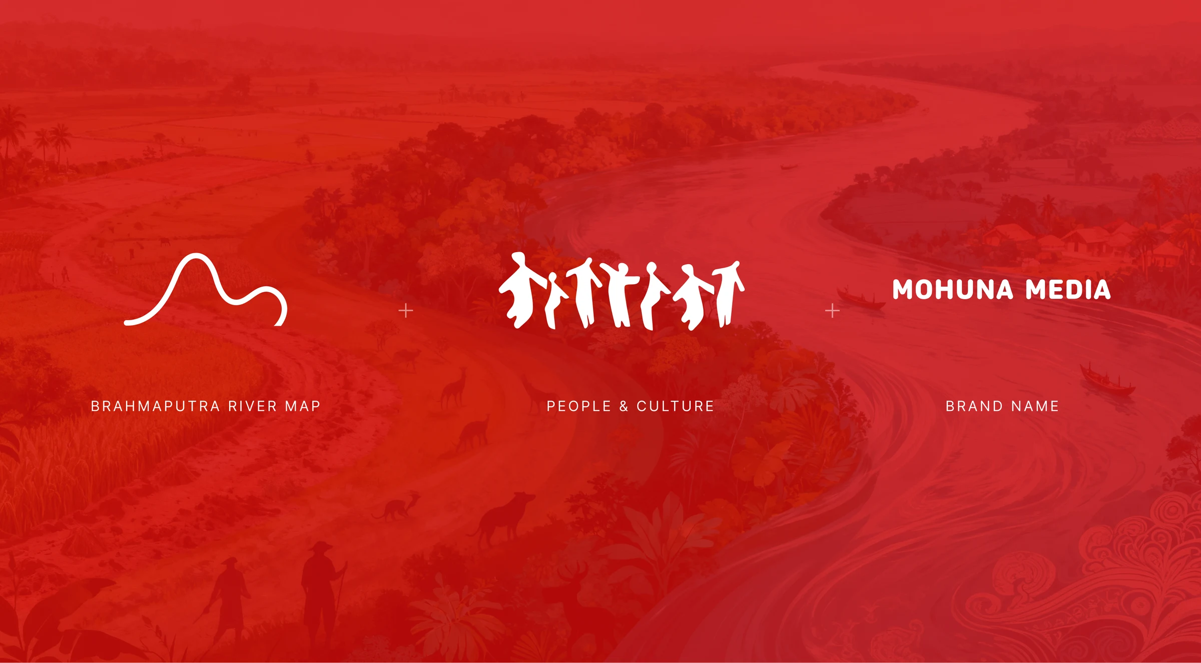 Mohuna Media logo concept showing the Brahmaputra river map combined with figures representing people and culture, followed by the Mohuna Media name