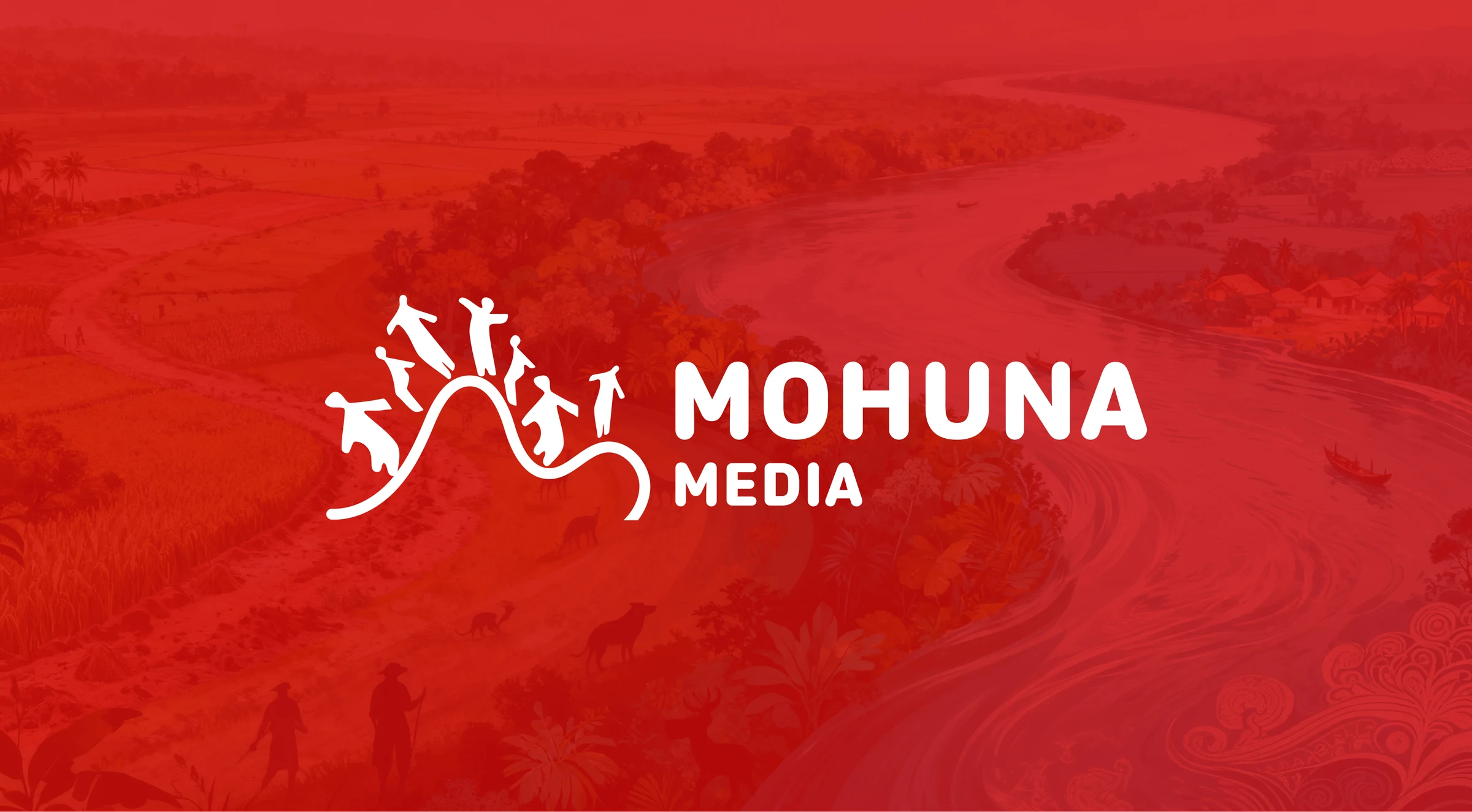 Finished Mohuna Media horizontal logo lockup in white on a red-tinted Brahmaputra landscape
