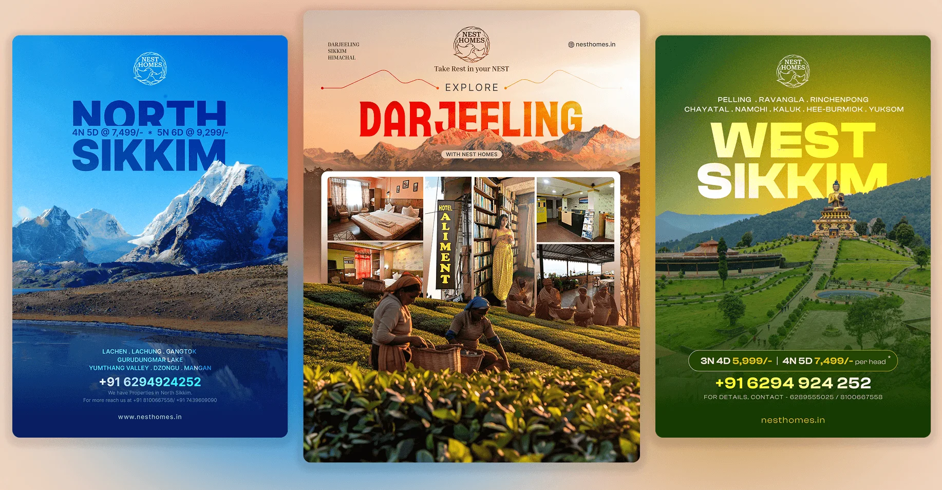 Three Nest Homes campaign posters: North Sikkim, Explore Darjeeling and West Sikkim