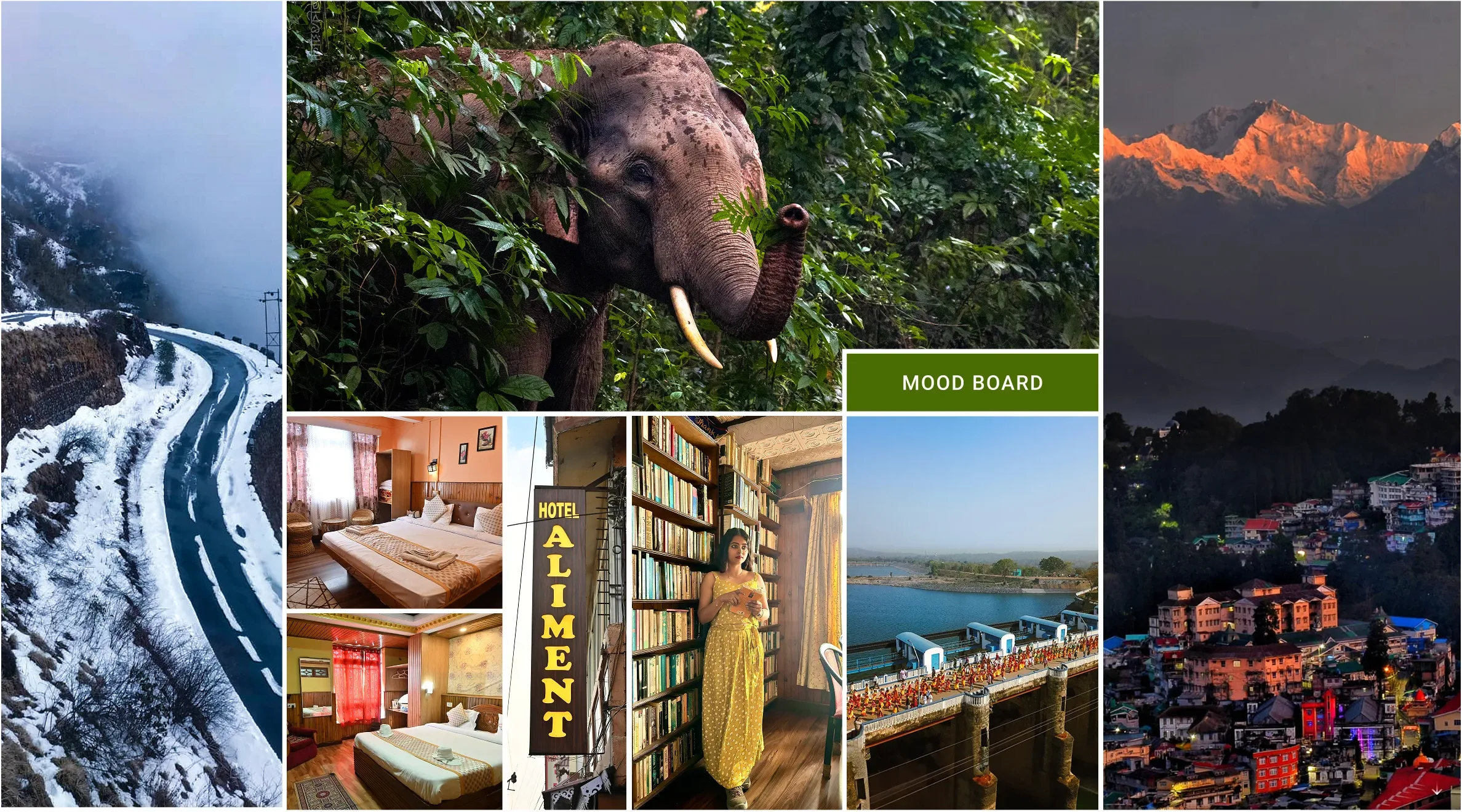Nest Homes mood board: Himalayan snow roads, sunrise on Kanchenjunga, forest wildlife, homestay rooms and a hill town at night