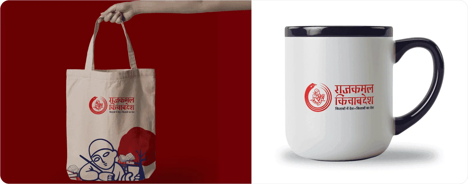 Kitab Desh branded canvas tote bag and mug from the festival merchandise range