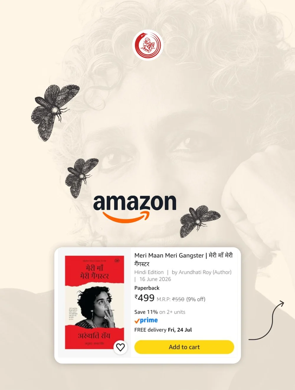 Carousel frame two: the Amazon listing card for the Hindi paperback, with moths drifting across the ghosted portrait