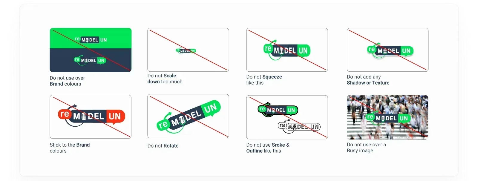 Matrix of prohibited logo treatments — stretching, recolouring, rotating and adding effects to the ReModelUN mark