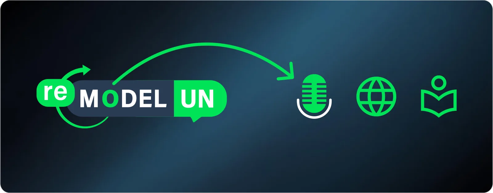 The interchangeable centre slot of the ReModelUN mark shown with a microphone, podium and graduation-cap icon for the podcast, conference and scholarship sub-brands