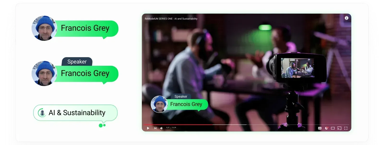 Broadcast lower-third overlays showing a speaker's circular portrait, a Fresh Lime name plate and dark topic flags