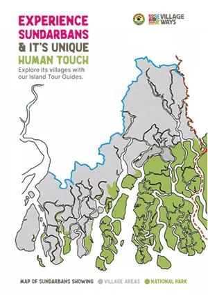 Village Ways print brochure cover, pairing rural Sunderbans photography with an editorial layout