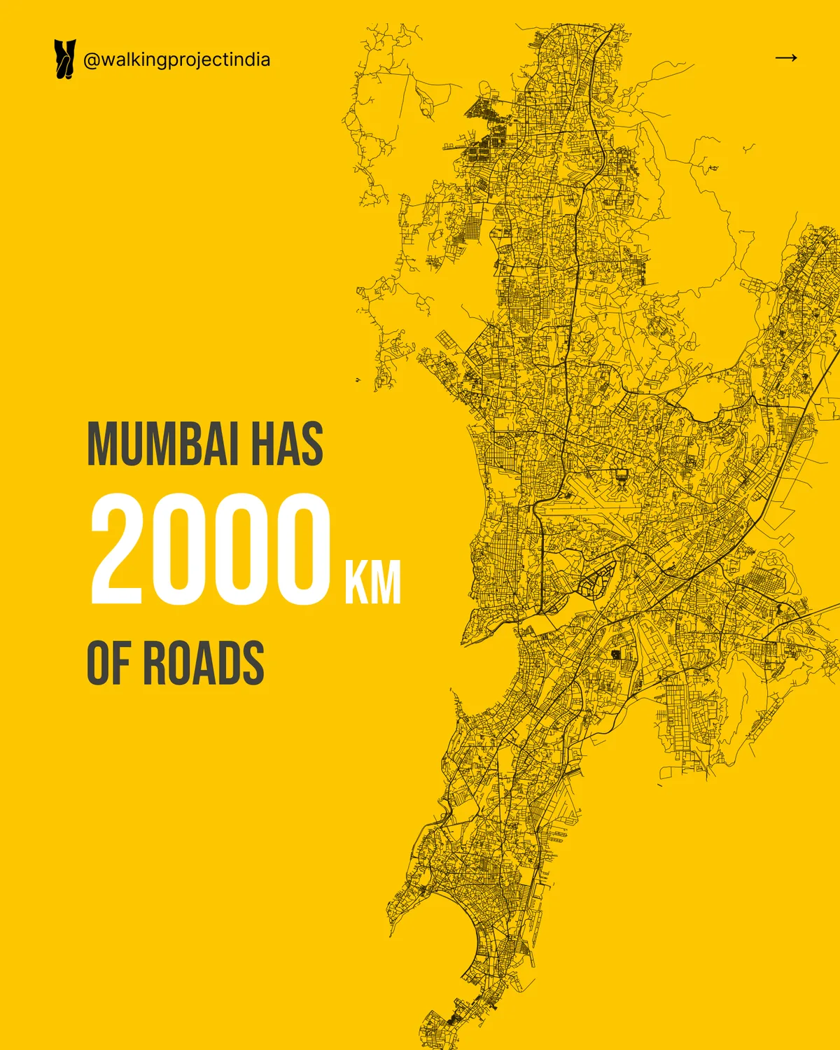 Marigold post with a fine-line map of Mumbai's street network: Mumbai has 2000 km of roads