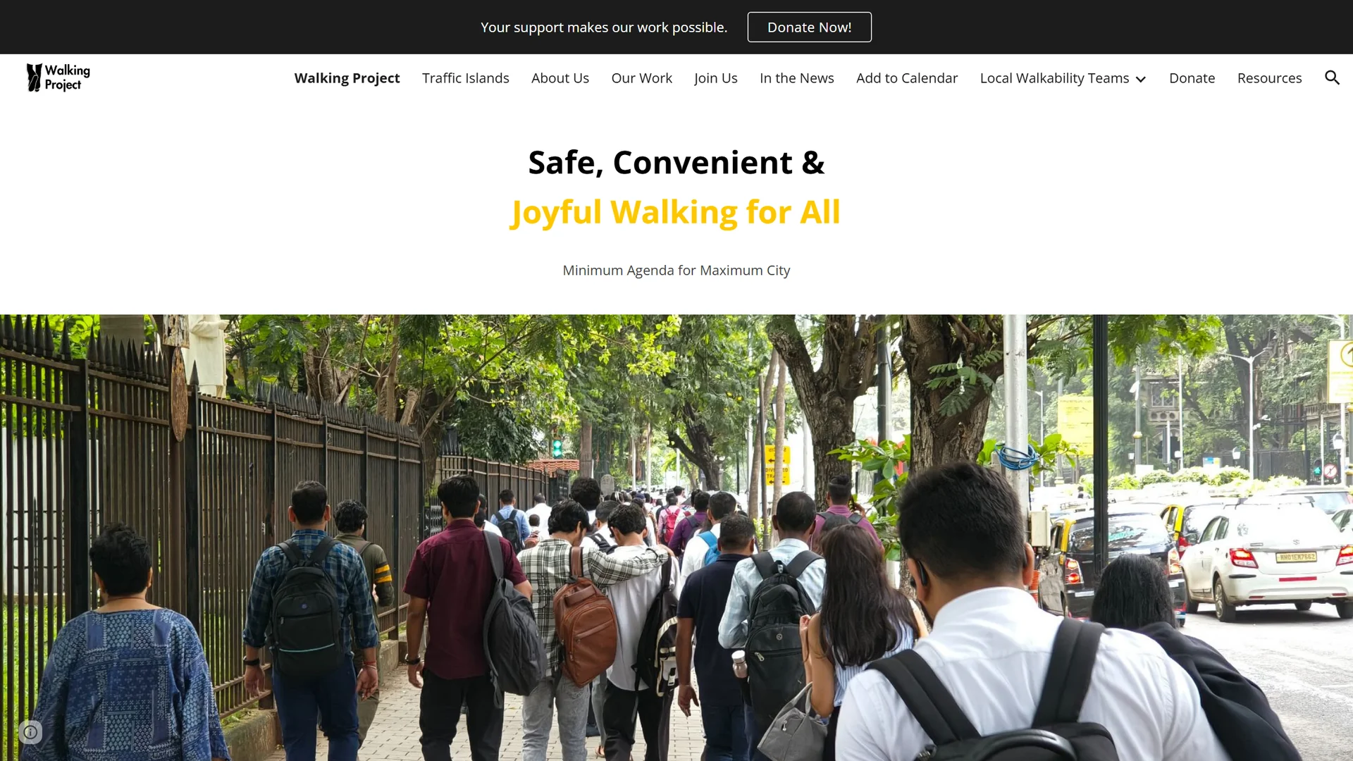 The redesigned walkingproject.org hero: the tagline 'Safe, Convenient & Joyful Walking for All' above a photograph of a crowded Mumbai footpath at rush hour