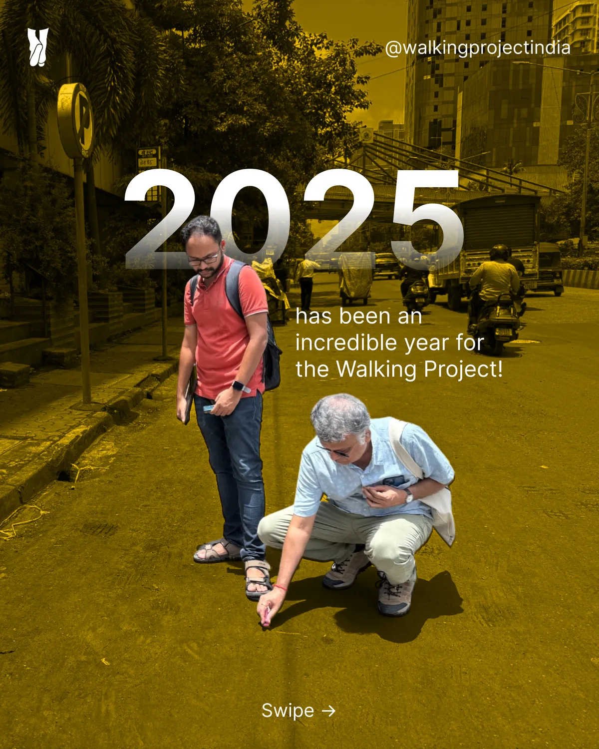 Year-in-review carousel opener over a duotone photograph of volunteers marking a footpath: 2025 has been an incredible year for the Walking Project