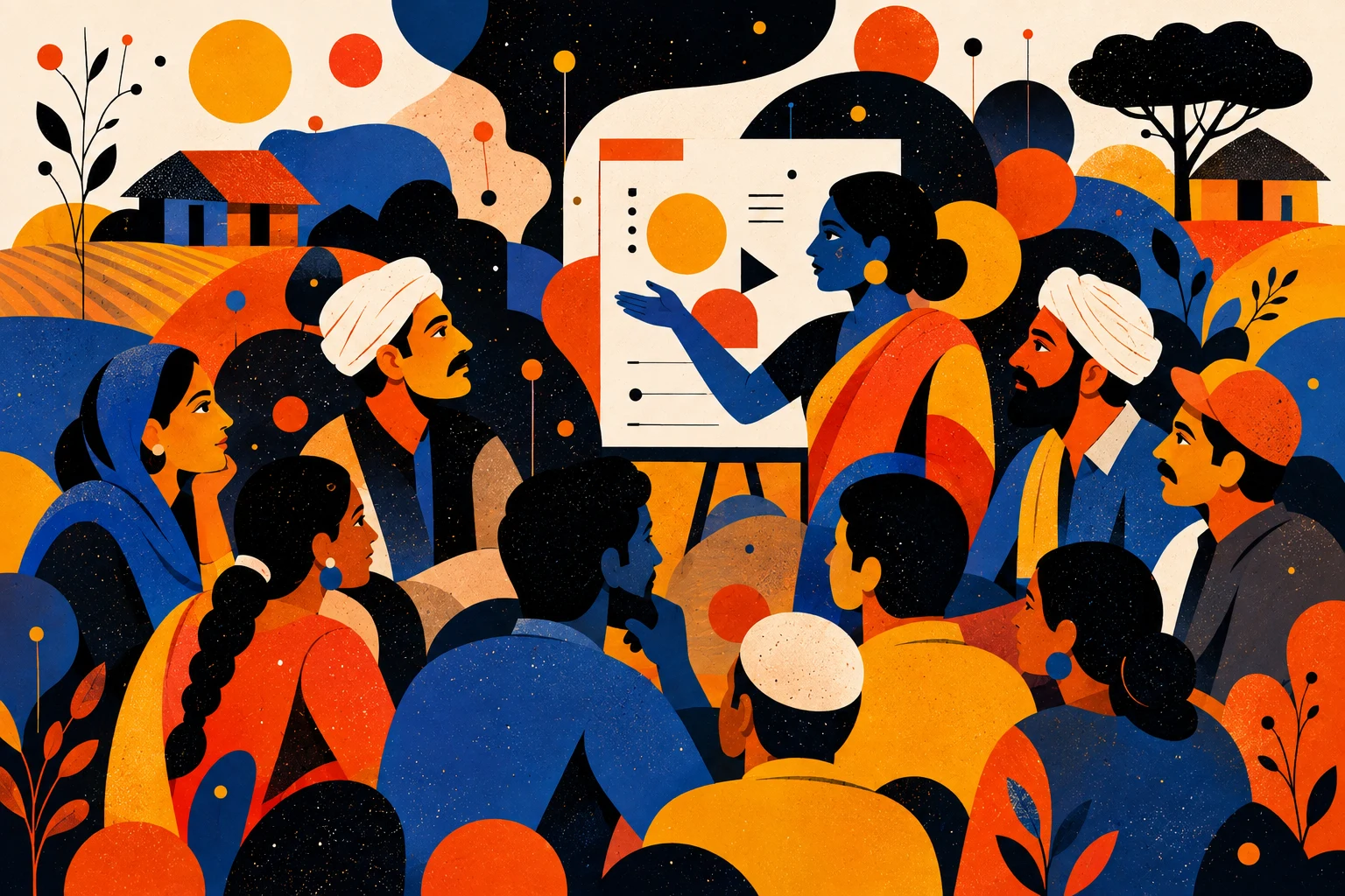 Abstract illustration of a facilitator leading a community digital-literacy workshop with a presentation board, villagers gathered around, huts and fields in the background