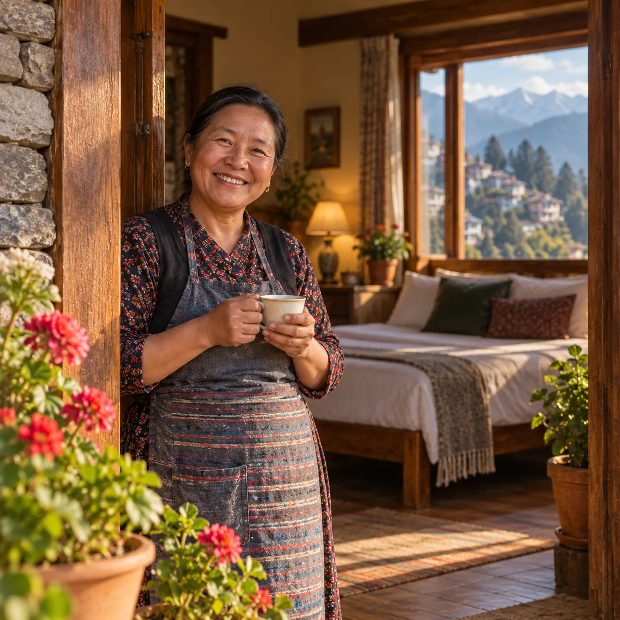 A homestay host at the door