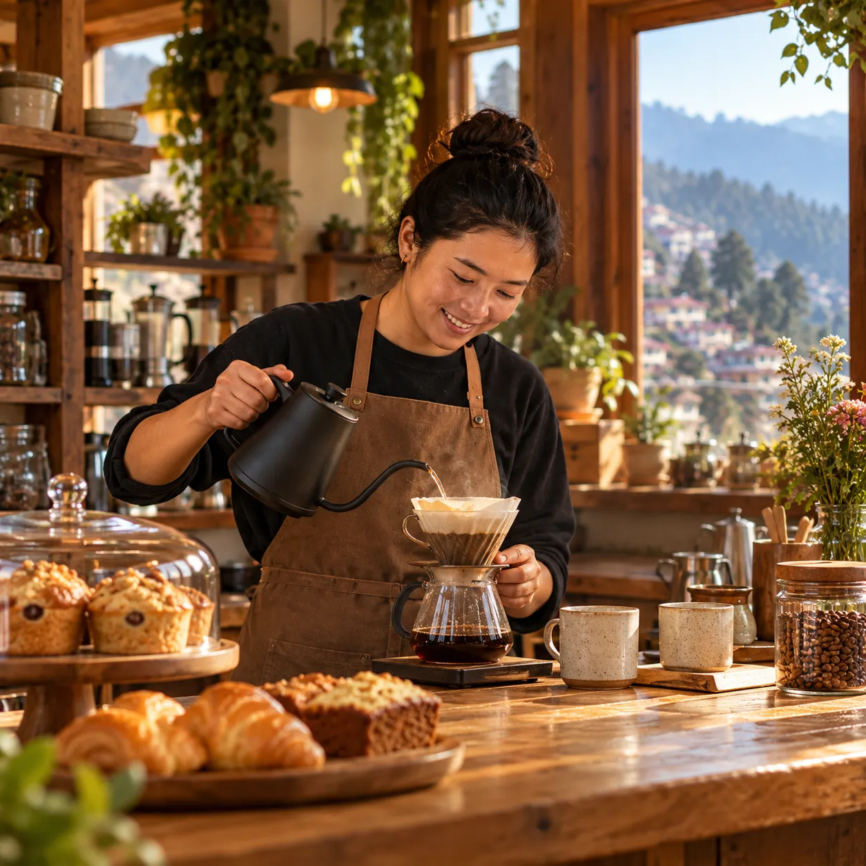 A cafe owner serving tea